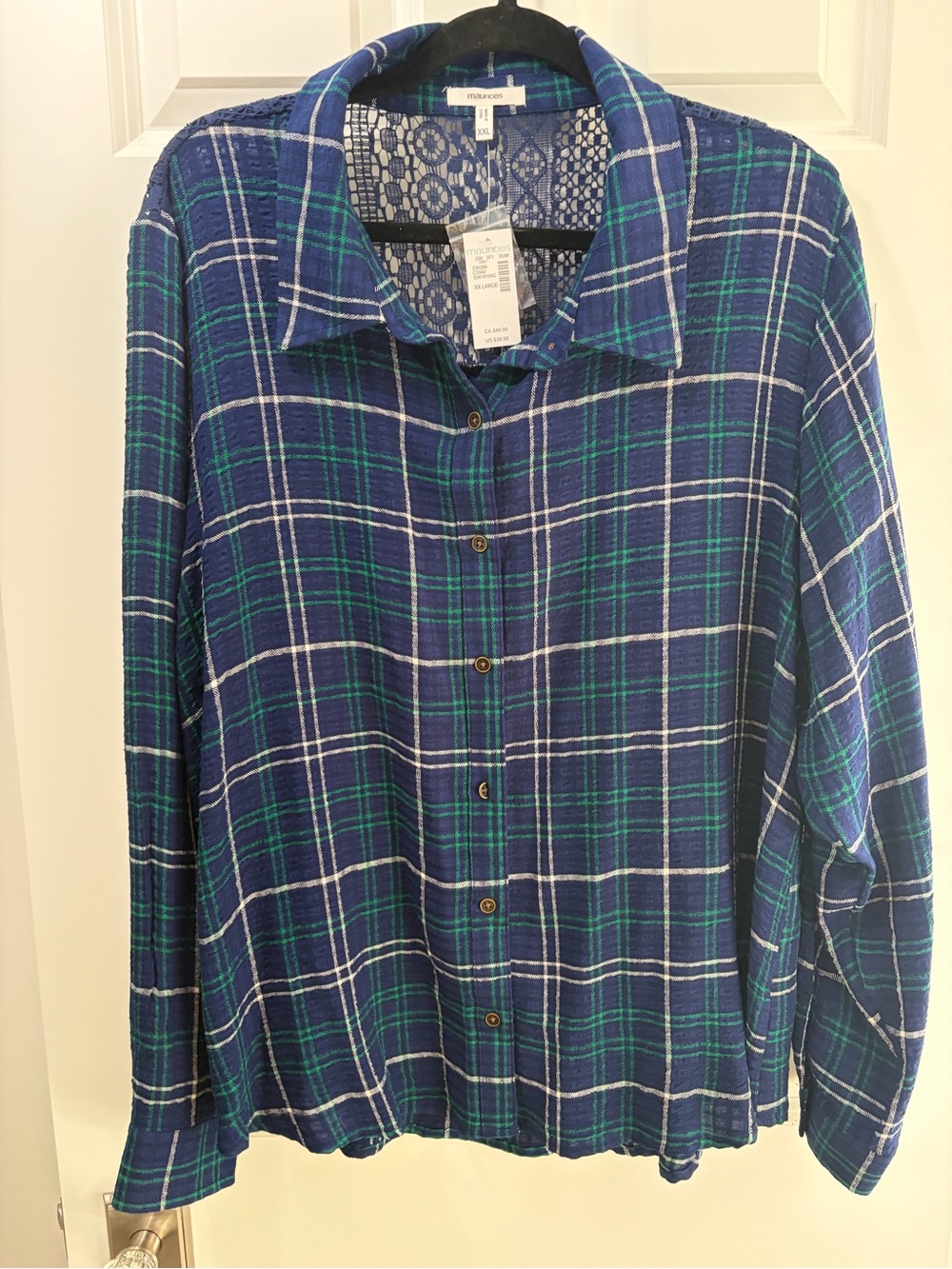 Maurices Blue and Green Plaid Button-Down Shirt with Lace Back